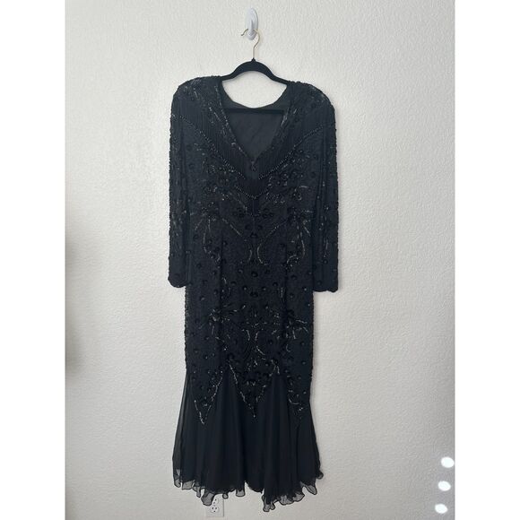 Oleg Cassini Vintage 70s/80s Silk Black Beaded Cocktail Dress 20s Style Flapper - Picture 6 of 13